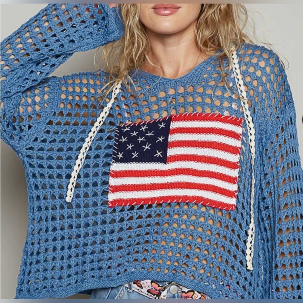 NEW POL Oversized Royal Blue Crochet Sweater with American Flag Design Small